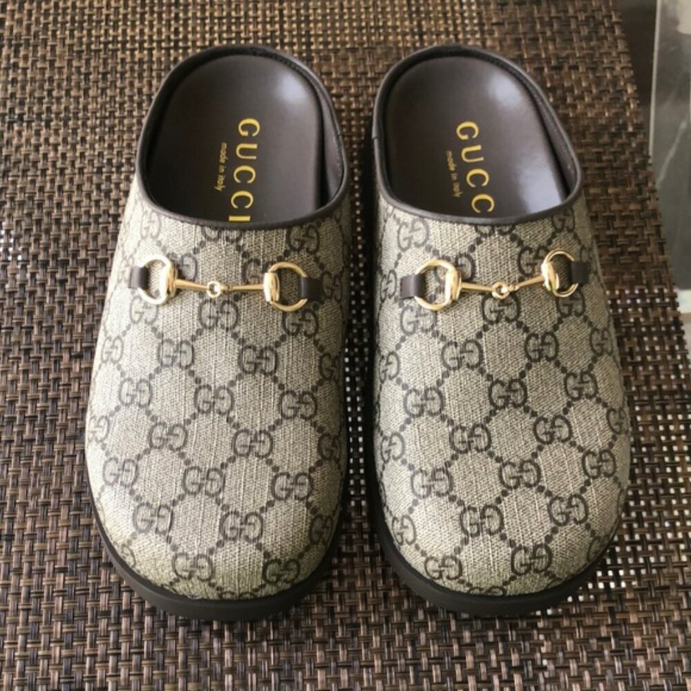 Gucci Monogram Mules with Gold Accents
